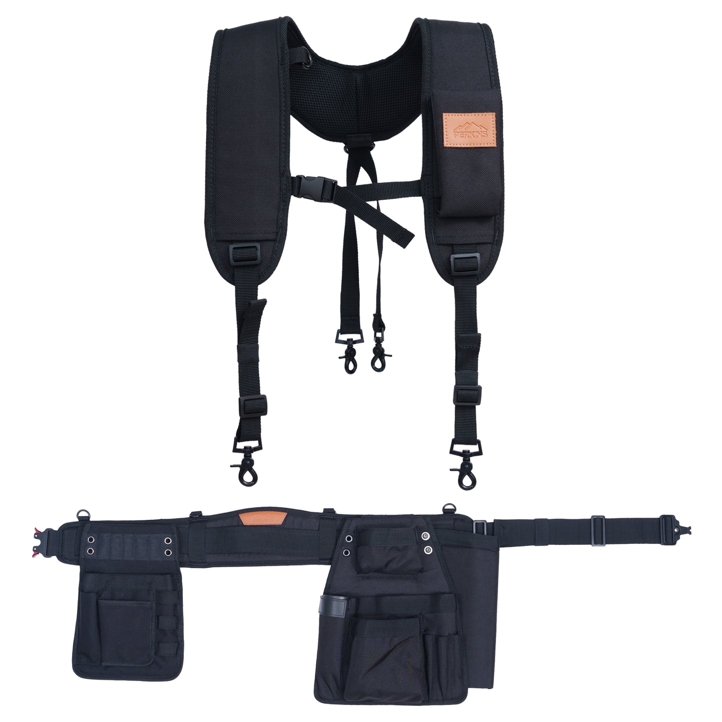 Perkins Builder Brothers Essential Tool Belt Set With Suspenders, Ideal for Framers, Carpenters and Contractors, Small Size, Black